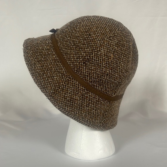 Brown Tweed Cloche Wool Panel Bucket Hat Ribbon Bow Trim Heathered Lined Women’s - Picture 6 of 15